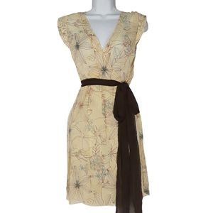 V Brand Tan Floral Print Wrap Belt Dress Small